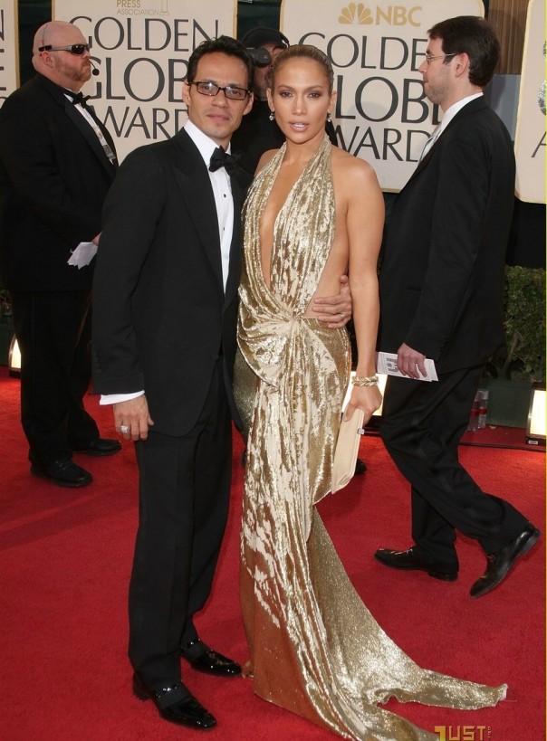 Jennifer Lopex in a dress by Marchesa and arm candy by Marc Anthony